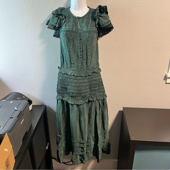 Sea New York Azzedine Flutter Sleeve Smocked Midi Dress Emerald - Picture 8 of 15